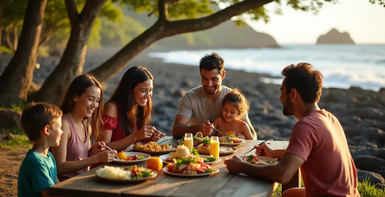 Aire de pique-nique aménagée avec tables en bois sous des filaos, vue sur l'océan et coulées de lave anciennes