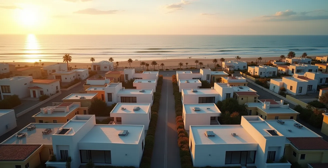 Vue aérienne minimaliste d'une station balnéaire avec espaces de location visibles