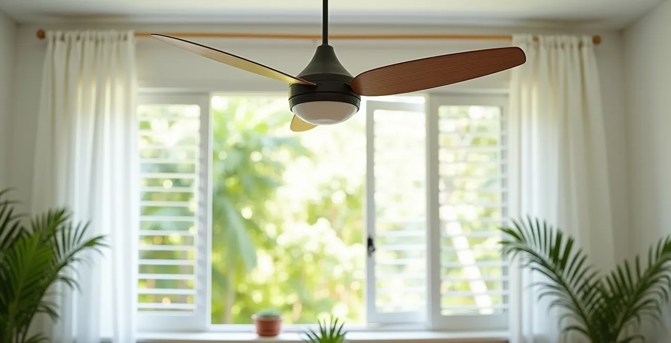 Appartement lumineux avec ventilateur de plafond et ouvertures traversantes créant une ventilation naturelle
