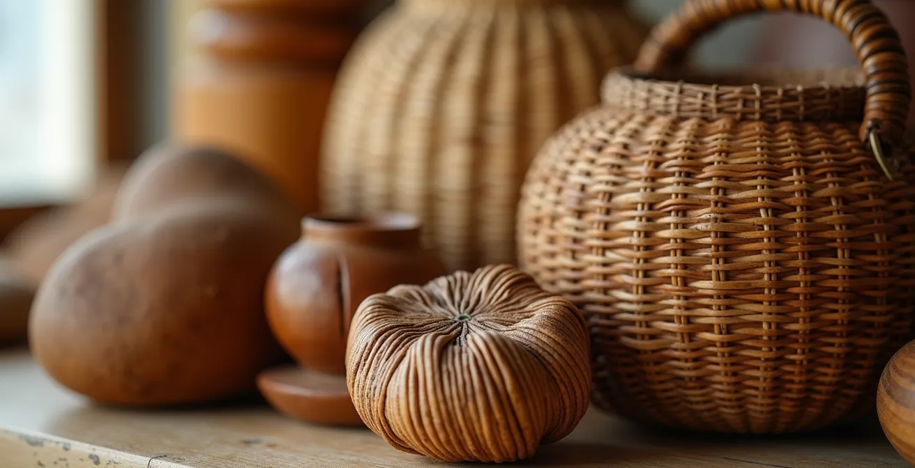 Détail macro d'objets artisanaux réunionnais en tamarin et vacoa tressé