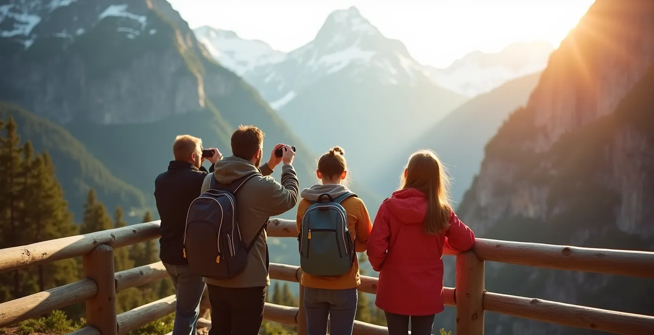 Visiteurs détendus observant le paysage depuis un belvédère avec rambardes hautes et sécurisantes