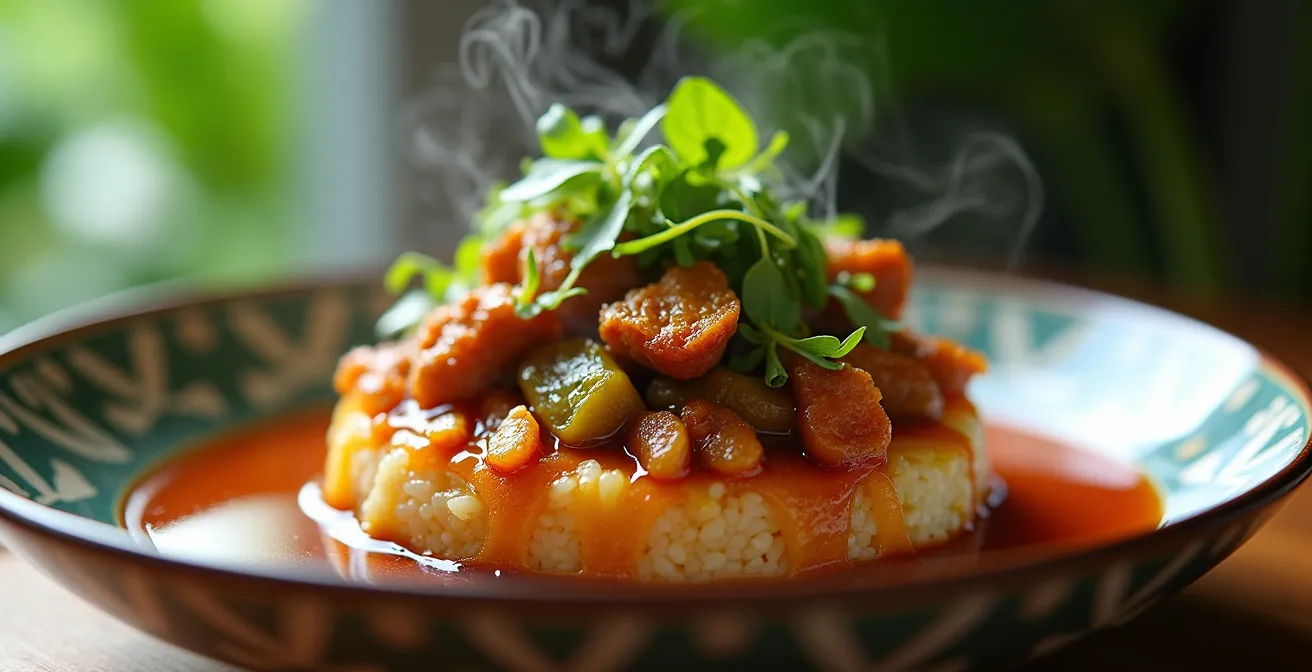 Bol renversé traditionnel avec légumes colorés et riz sur assiette créole