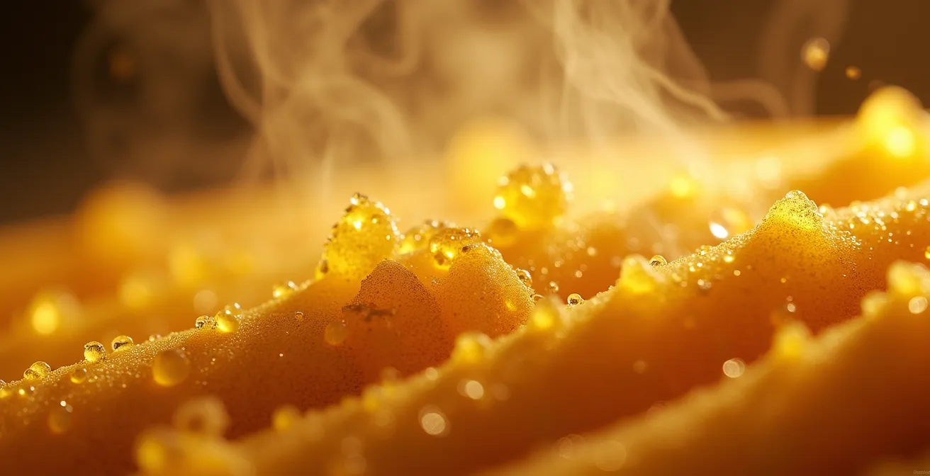 Gros plan macro sur les fibres de canne broyées avec gouttes de vesou s'écoulant