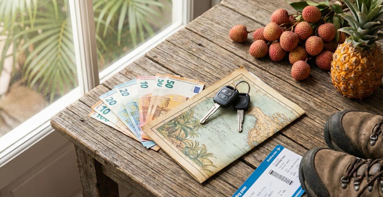 Composition visuelle montrant différents éléments du budget voyage à la Réunion, comme des billets, des clés de voiture et des fruits tropicaux.