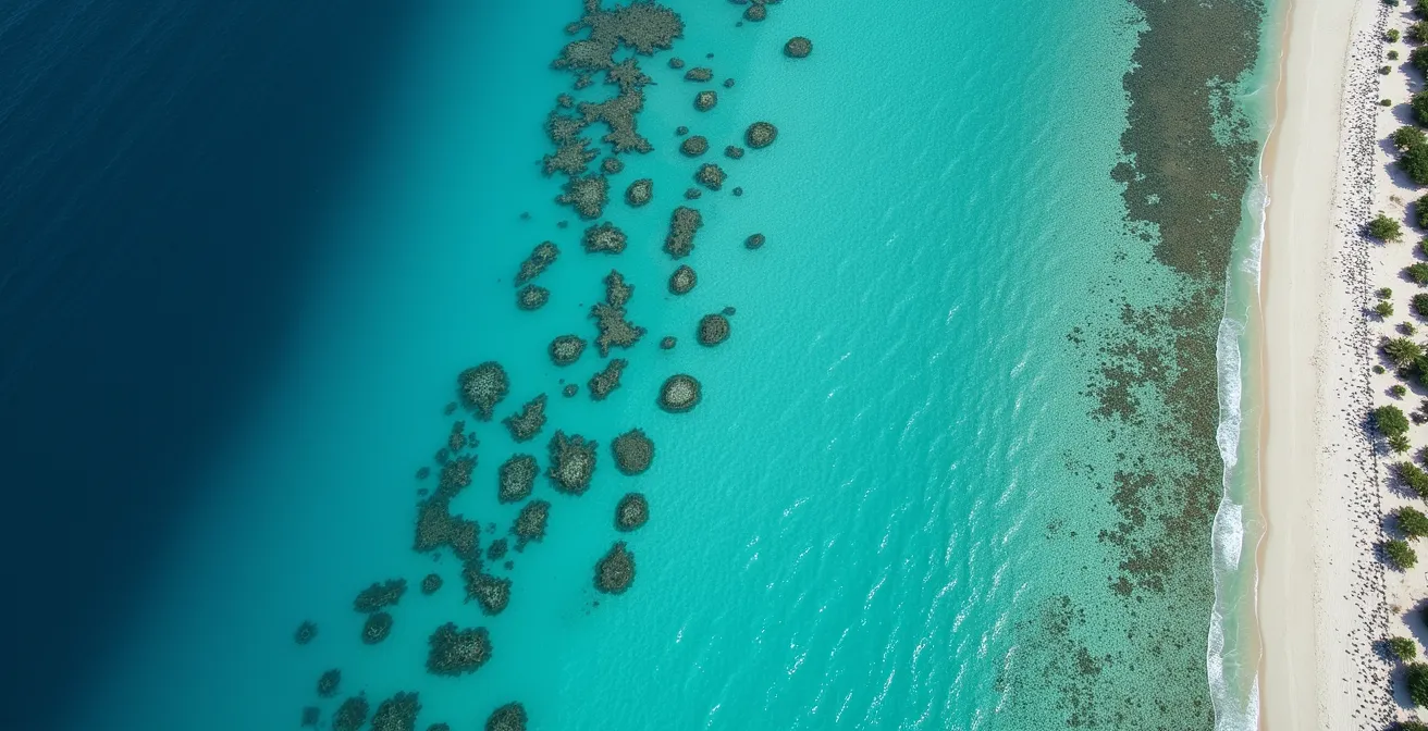 Vue aérienne du lagon de l'Hermitage montrant les passes dangereuses et les zones sécurisées pour les familles