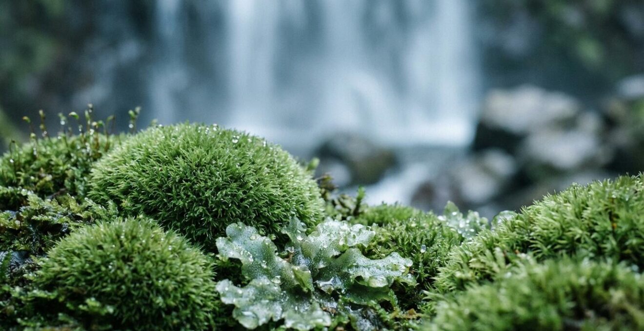 Cascade cachée dans la végétation tropicale luxuriante avec mousses et fougères endémiques