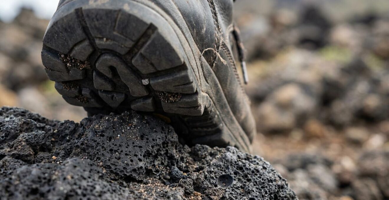 Détail macro de semelles de chaussures de randonnée sur roche volcanique abrasive