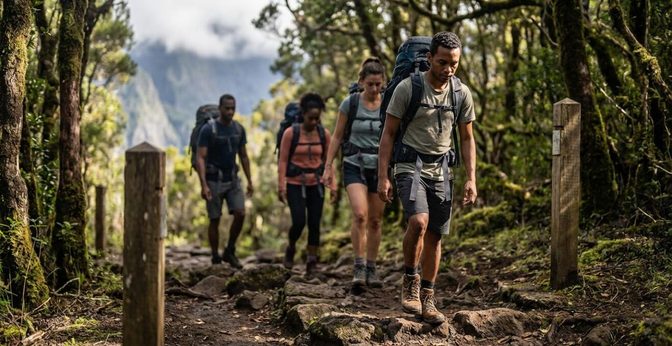 Sentier forestier au Col des Bœufs avec randonneurs descendant vers le cirque de Mafate à travers une forêt de tamarins