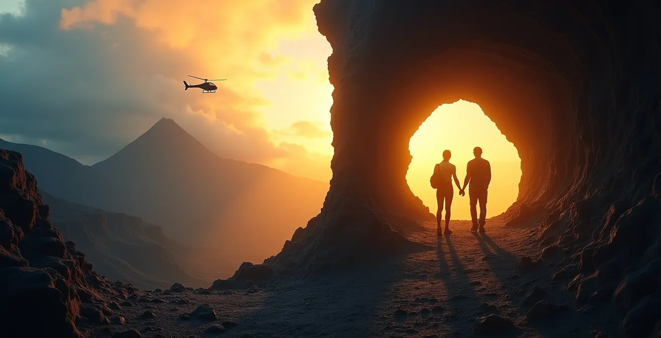 Vue aérienne spectaculaire du Piton de la Fournaise avec un hélicoptère en vol au-dessus du volcan