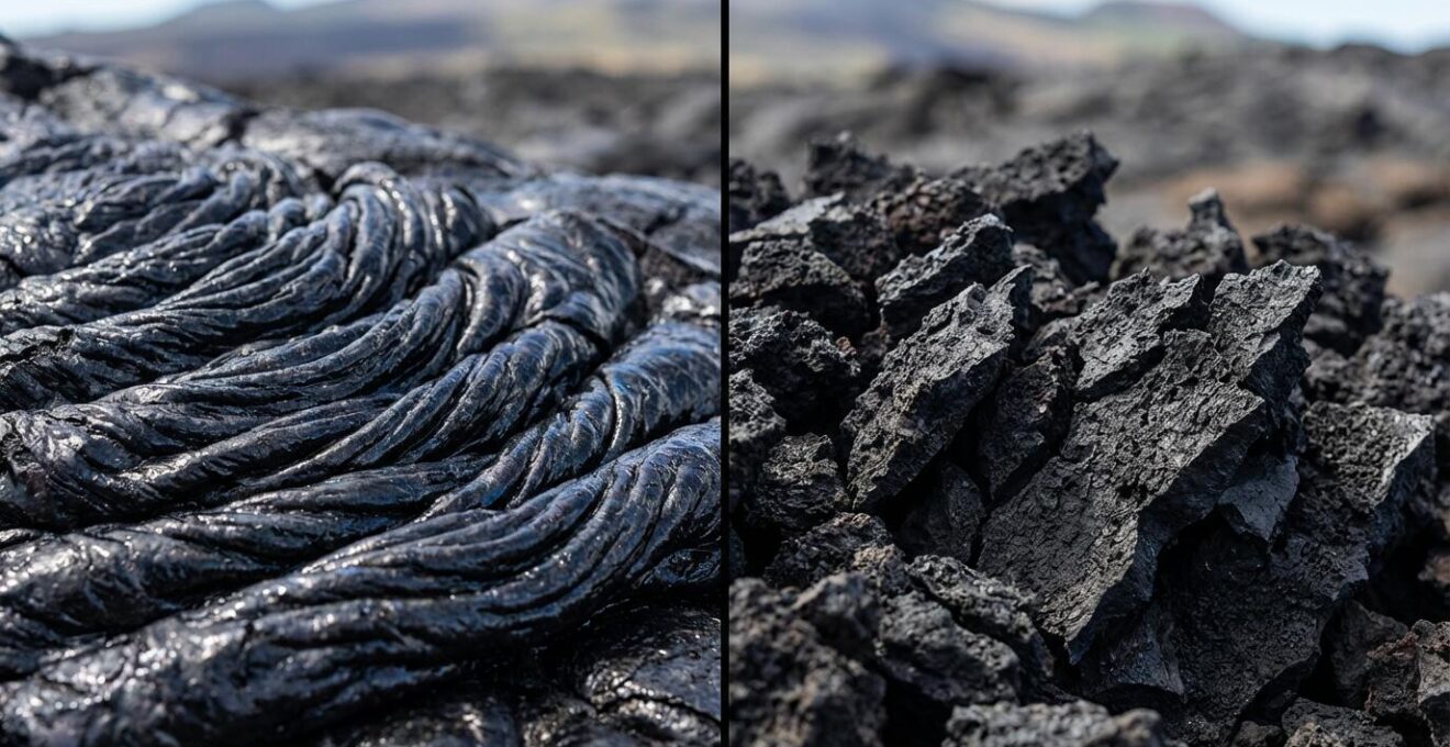 Comparaison texturale entre lave pahoehoe lisse et lave aa rugueuse