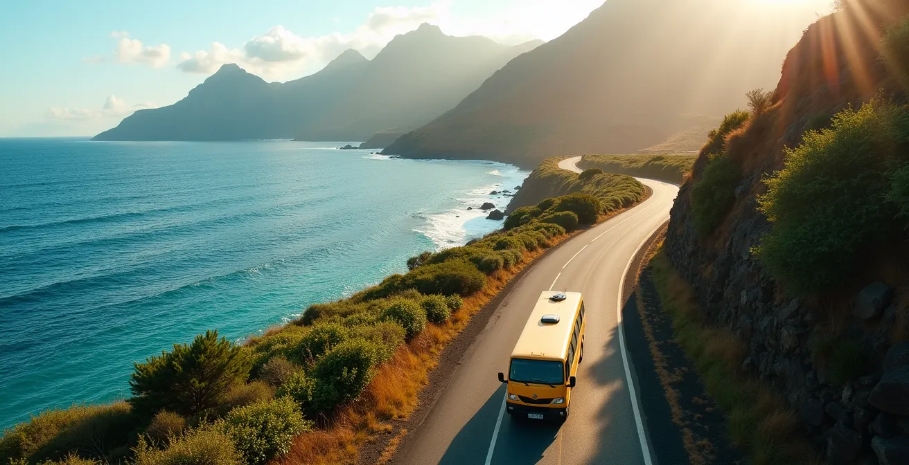 Vue aérienne de l'île de la Réunion avec réseau de transport et voiture sur route côtière