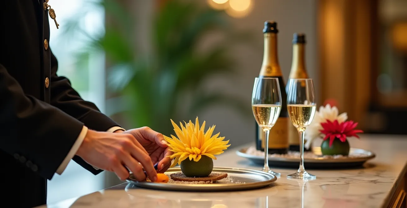 Concierge d'un hôtel 5 étoiles préparant une attention personnalisée pour des jeunes mariés