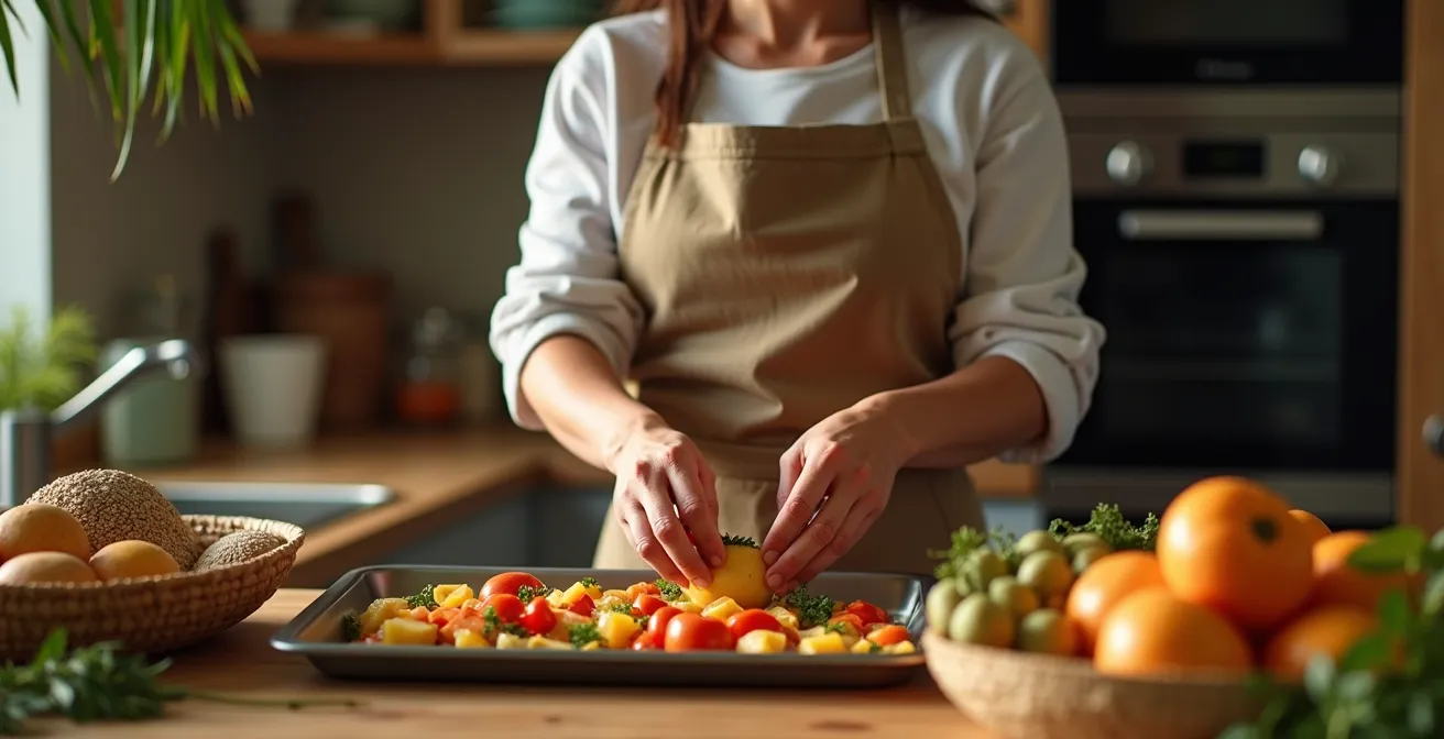 Cuisine moderne équipée avec four et produits frais locaux sur le plan de travail