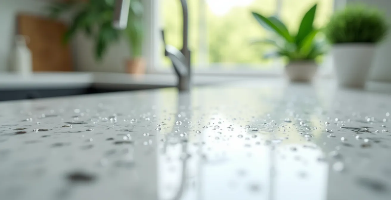 Plan de travail de cuisine tropicale parfaitement propre avec vue sur jardin tropical