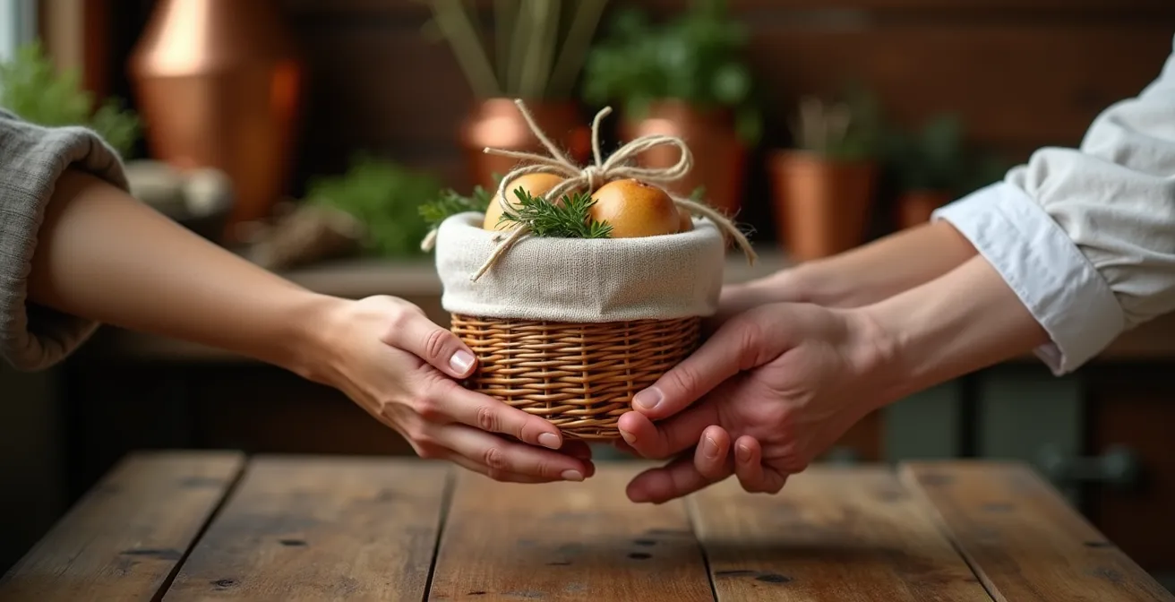 Moment d'échange authentique lors de la remise d'une spécialité régionale à une table d'hôtes