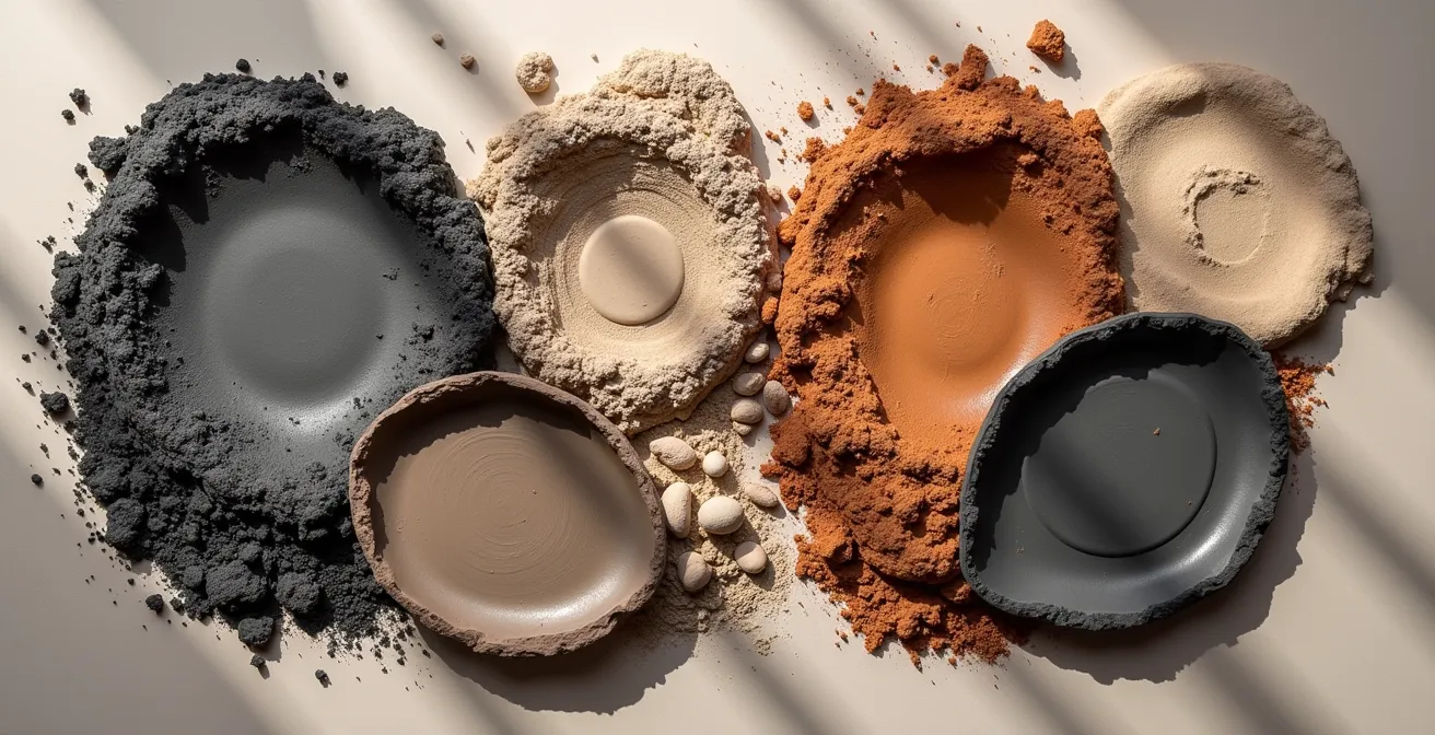 Texture d'argile volcanique appliquée en soin thermal avec détails des minéraux