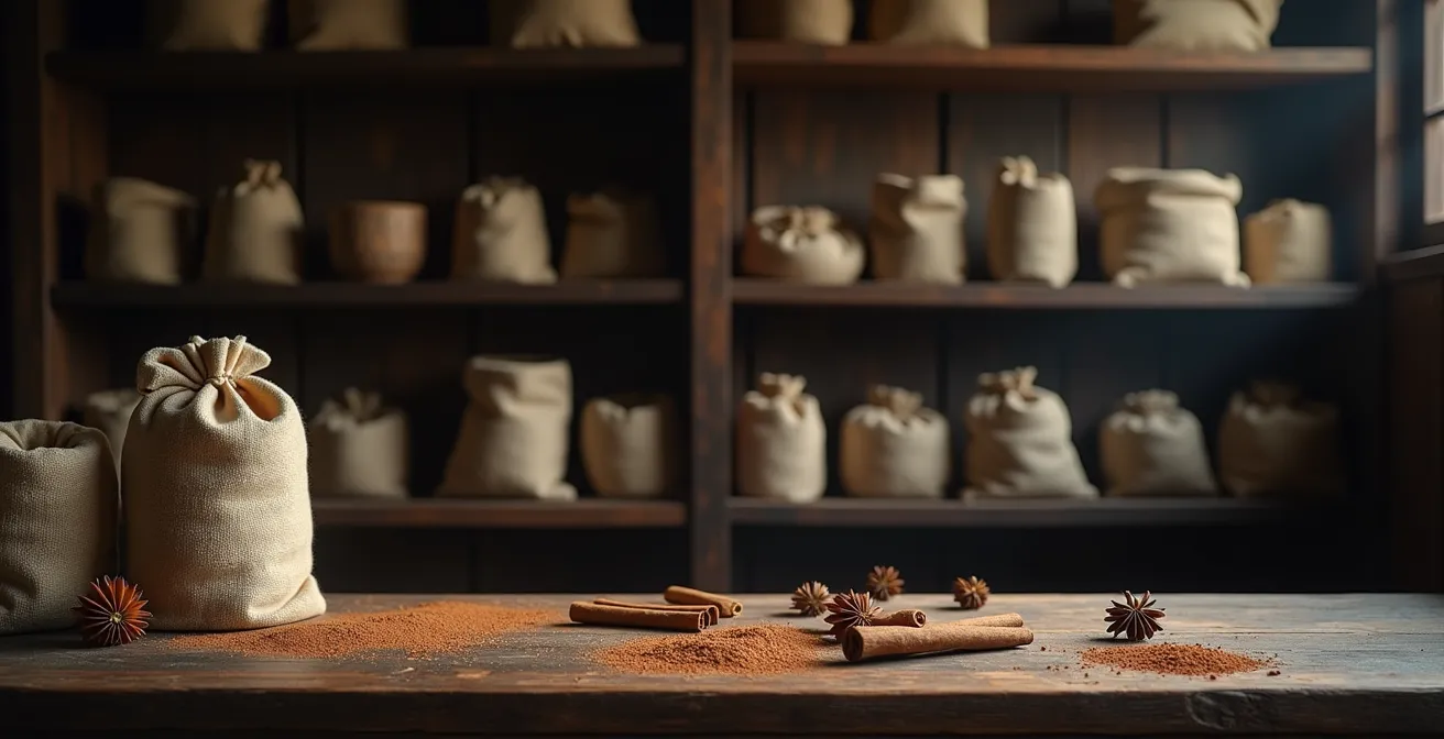Épices fraîches conservées dans des contenants opaques à l'abri de la lumière dans une boutique artisanale