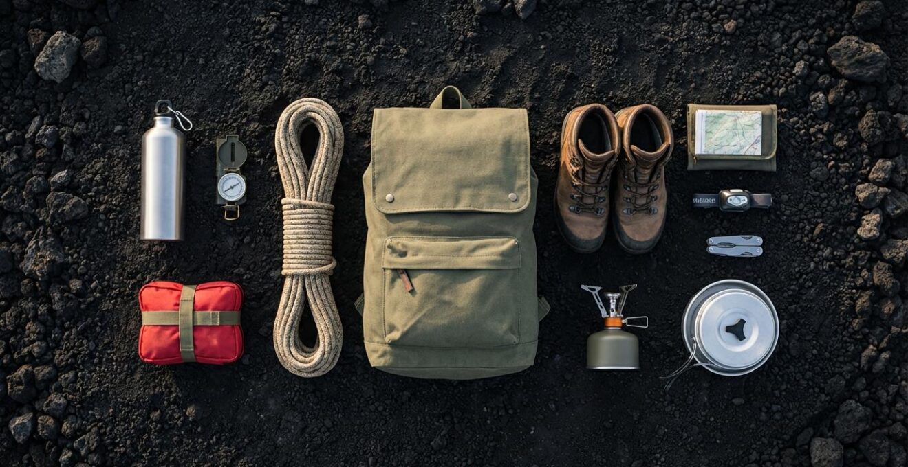 Équipement de randonnée disposé sur roche volcanique incluant sac, gourdes et matériel de sécurité