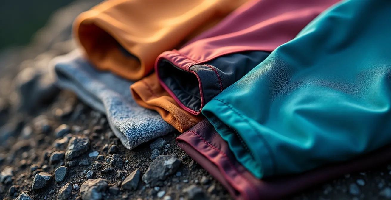 Système de vêtements en trois couches pour randonnée en haute montagne disposés sur rocher volcanique