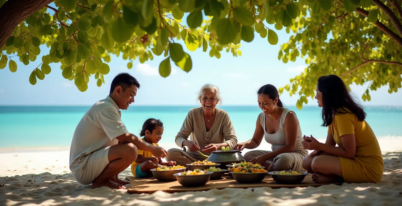 Famille réunionnaise installée sous les filaos pour un pique-nique dominical en bord de mer