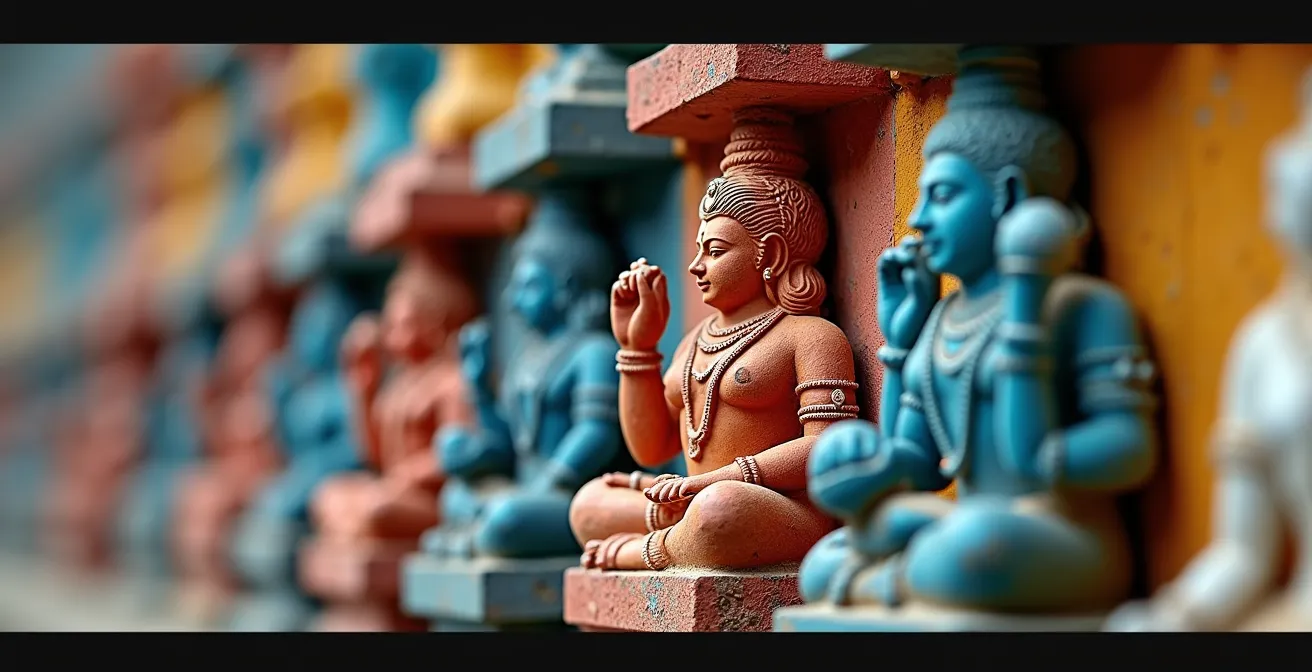 Détail macro des sculptures divines colorées sur un gopuram de temple tamoul à la Réunion