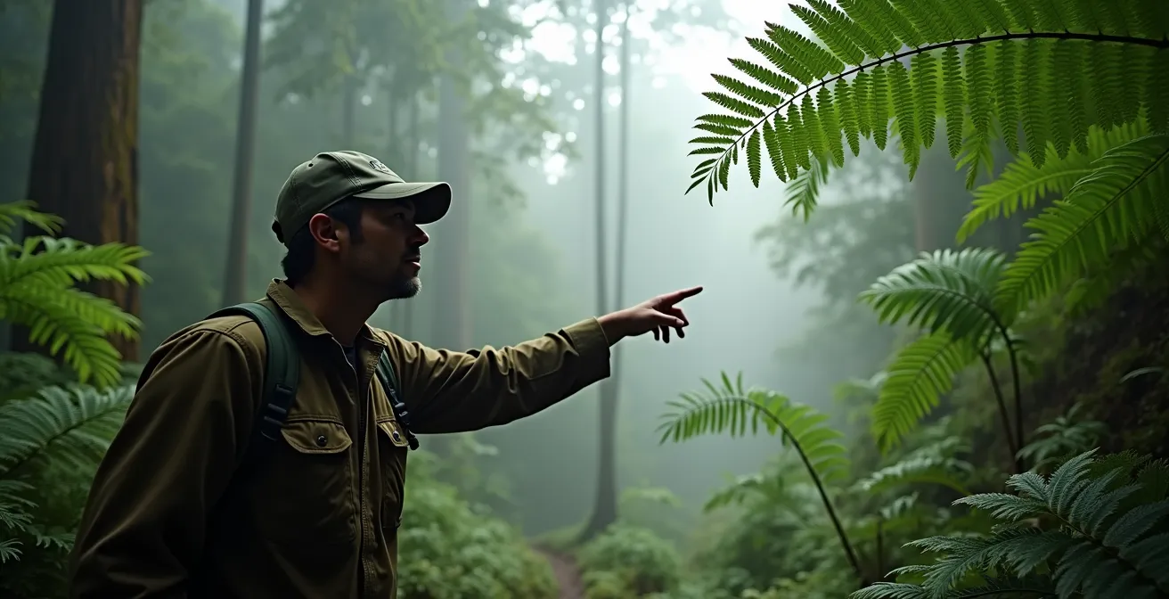 Guide naturaliste pointant une fougère arborescente endémique dans la forêt de Bélouve