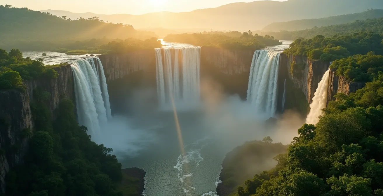 Vue aérienne du Trou de Fer avec ses cascades dans la brume dorée du matin