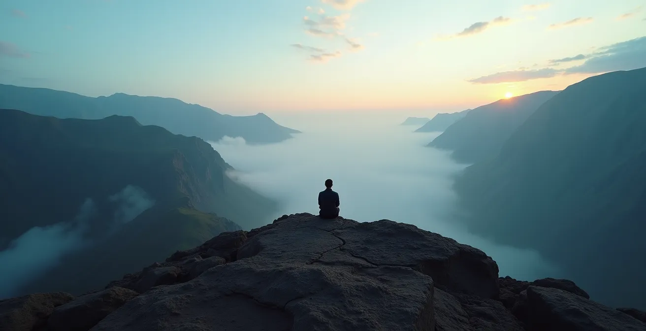 Personne seule contemplant le cirque de Mafate depuis le Maïdo au lever du soleil