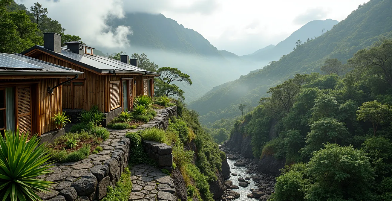 Hôtel éco-responsable intégré dans le paysage volcanique de Cilaos avec jardins en terrasse