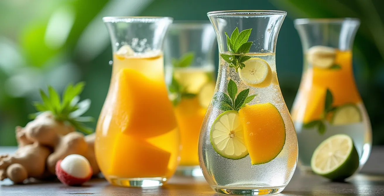 Carafes d'eau infusée aux fruits tropicaux et plantes locales de La Réunion