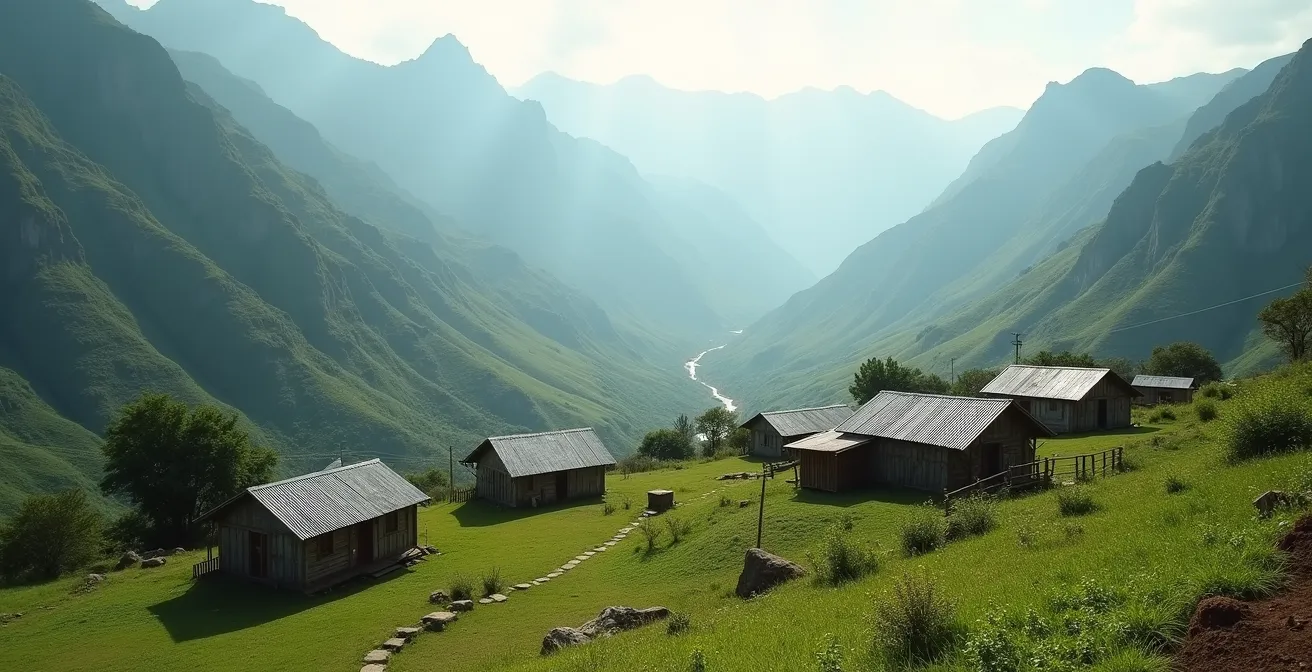 Vue panoramique de l'îlet de Cayenne à Mafate, petit hameau paisible niché sur un plateau verdoyant avec peu de cases traditionnelles