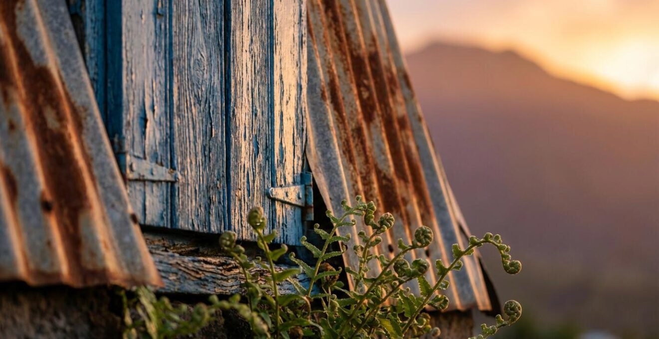 Case créole traditionnelle isolée dans un îlet de Mafate au coucher du soleil avec les montagnes en arrière-plan
