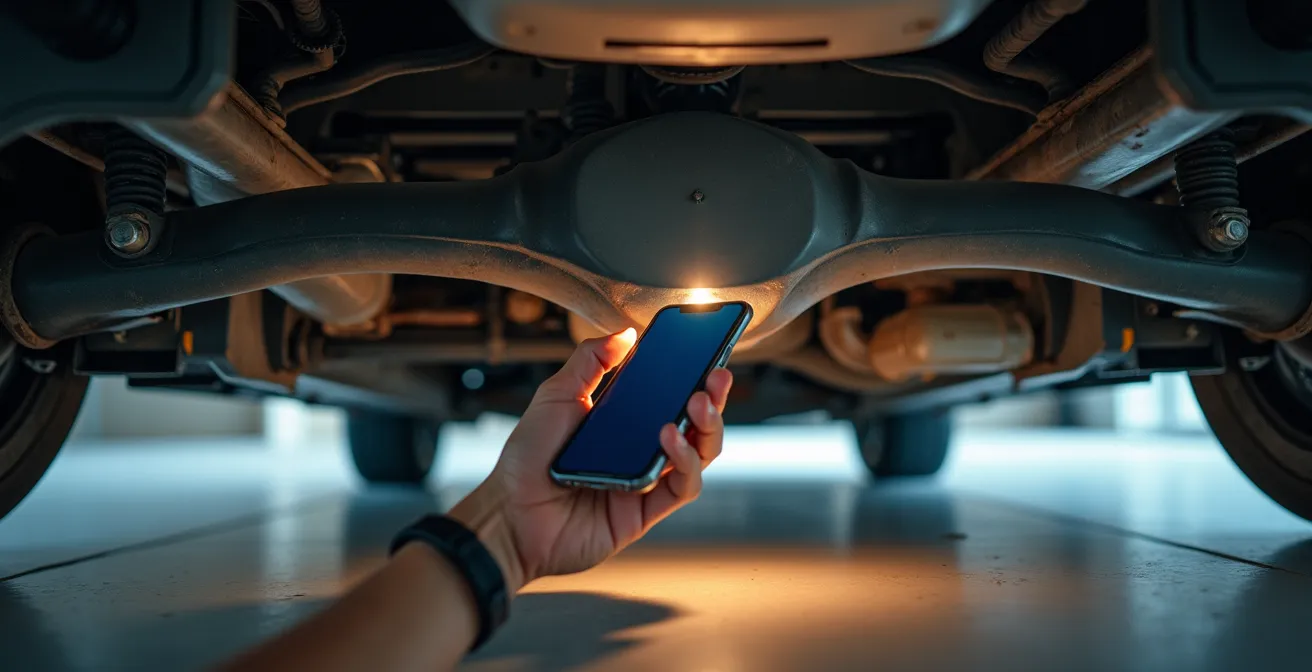 Inspection détaillée du châssis d'une voiture de location avec éclairage technique