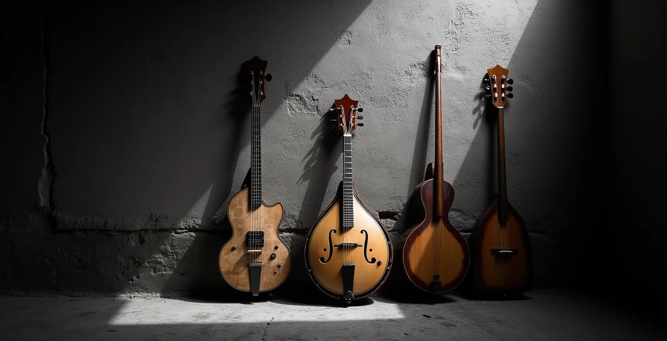 Représentation symbolique de l'interdiction du maloya avec instruments traditionnels dans l'ombre