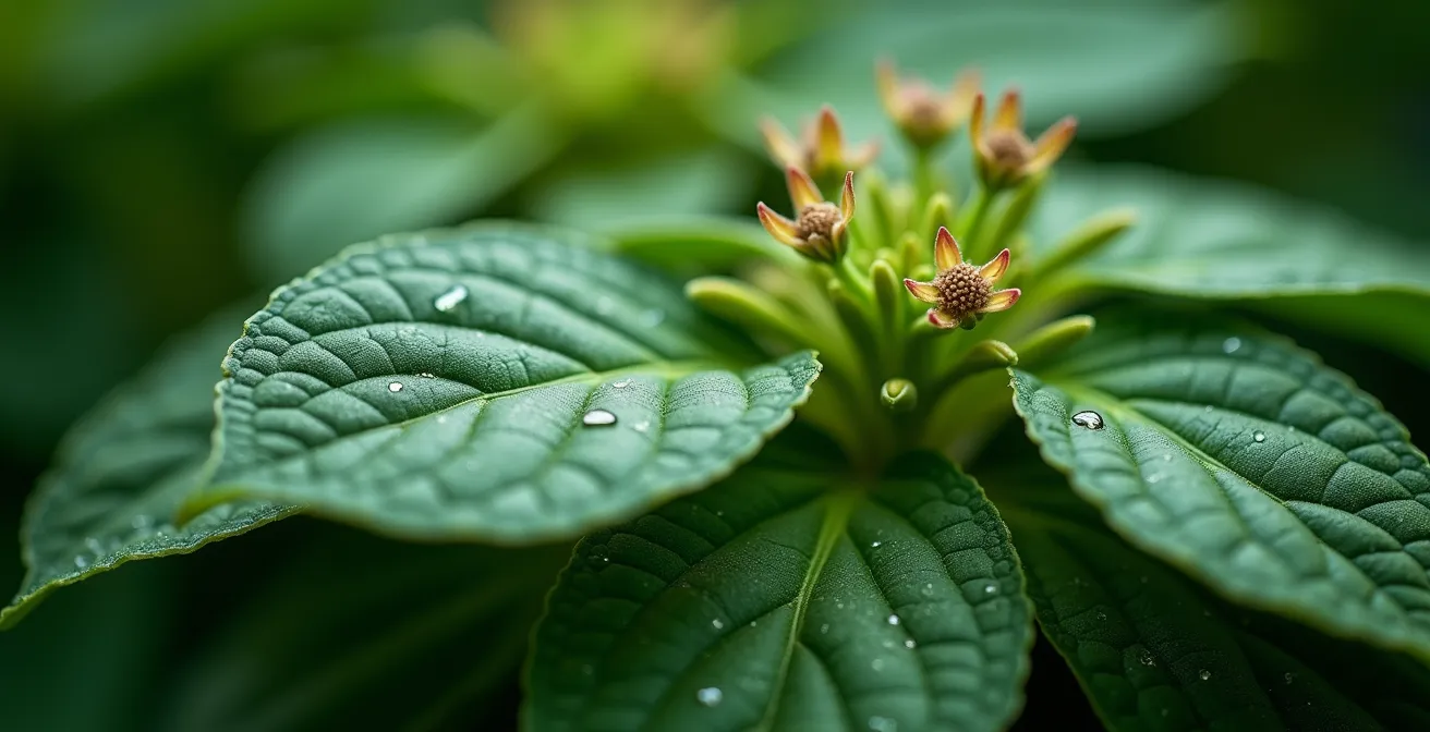 Vue macro sur les textures d'un jardin créole avec plantes médicinales et fleurs tropicales