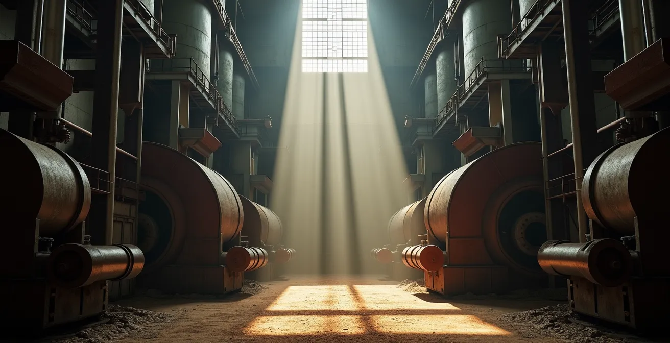 Vue intérieure d'une usine sucrière en maintenance avec sa machinerie monumentale au repos