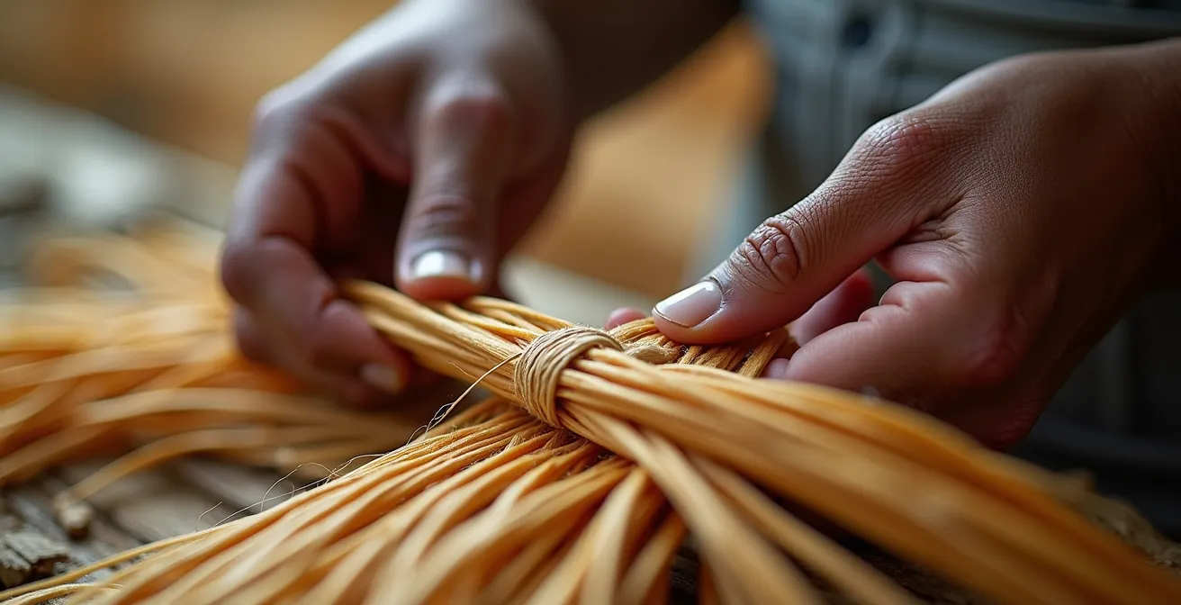 Gros plan sur les mains d'une artisane tressant des fibres de vacoa