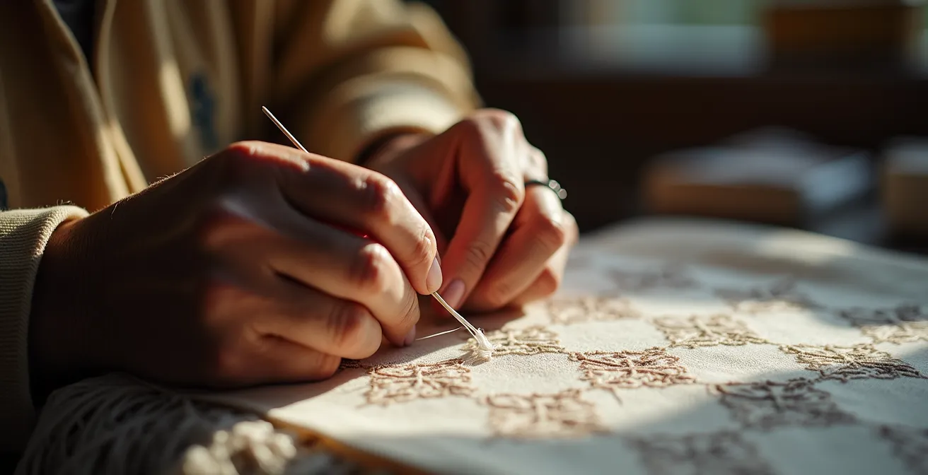 Mains d'une brodeuse de Cilaos travaillant sur un motif traditionnel de jours