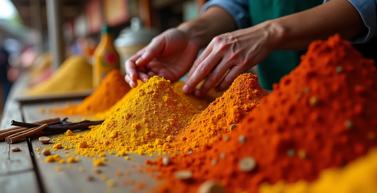 Mains d'un vendeur d'épices créoles au marché de Saint-Paul