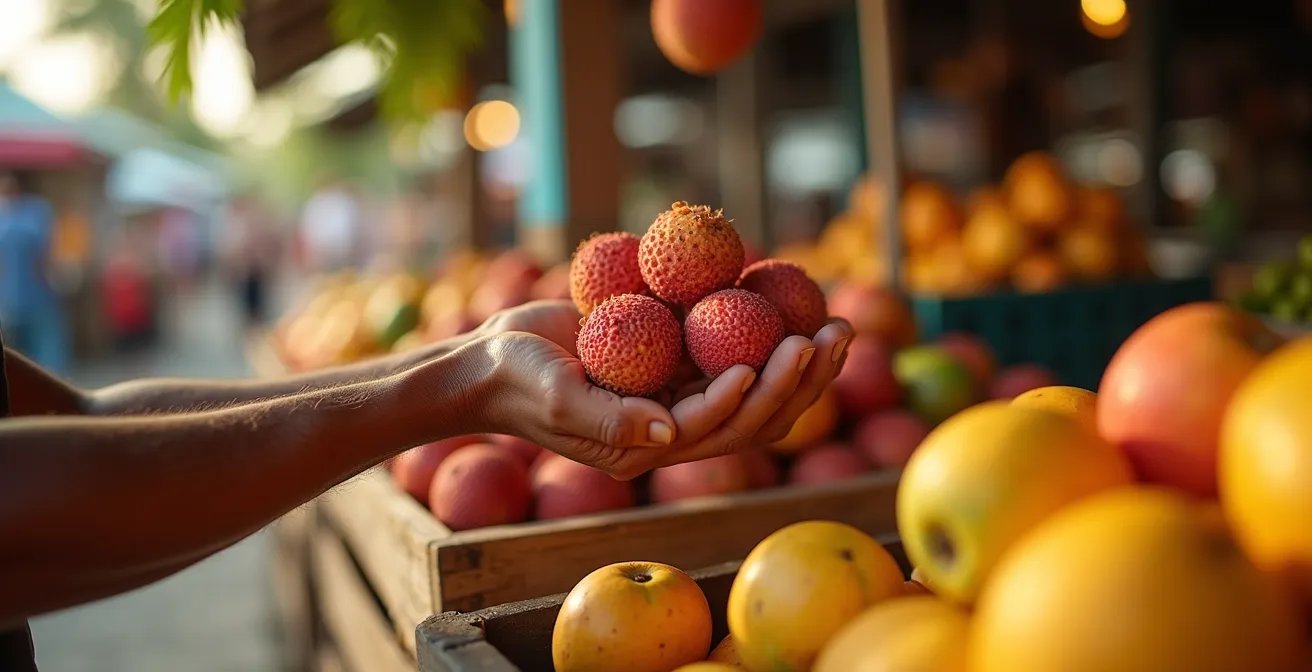 Scène de marché forain animé avec vendeurs et clients échangeant dans une ambiance décontractée