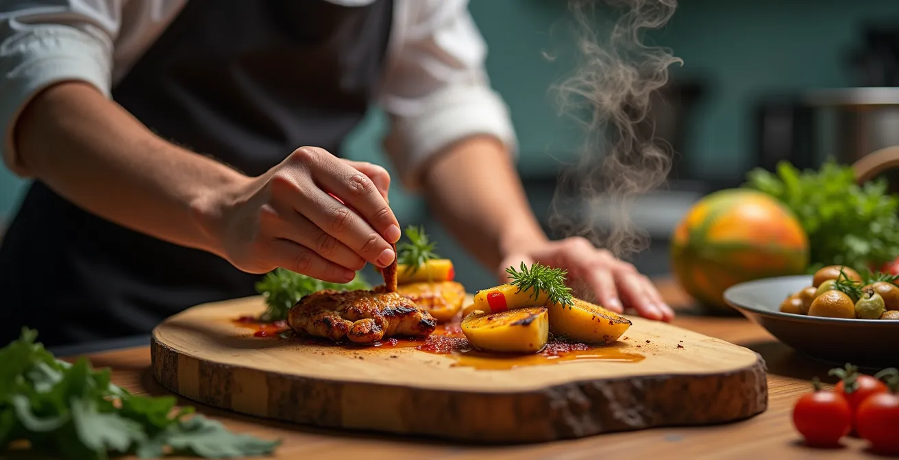Burger créole moderne avec boucané fumé et accompagnements fusion