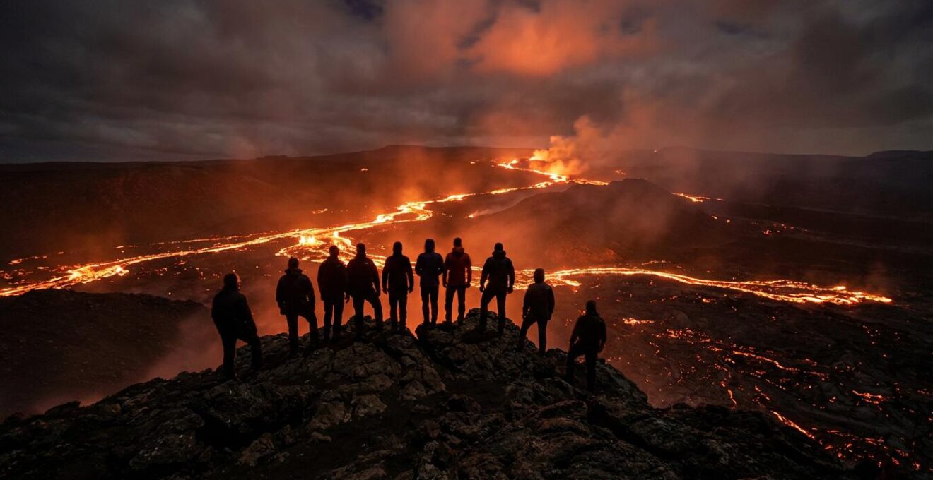 Observation nocturne sécurisée d'une coulée de lave avec spectateurs à distance
