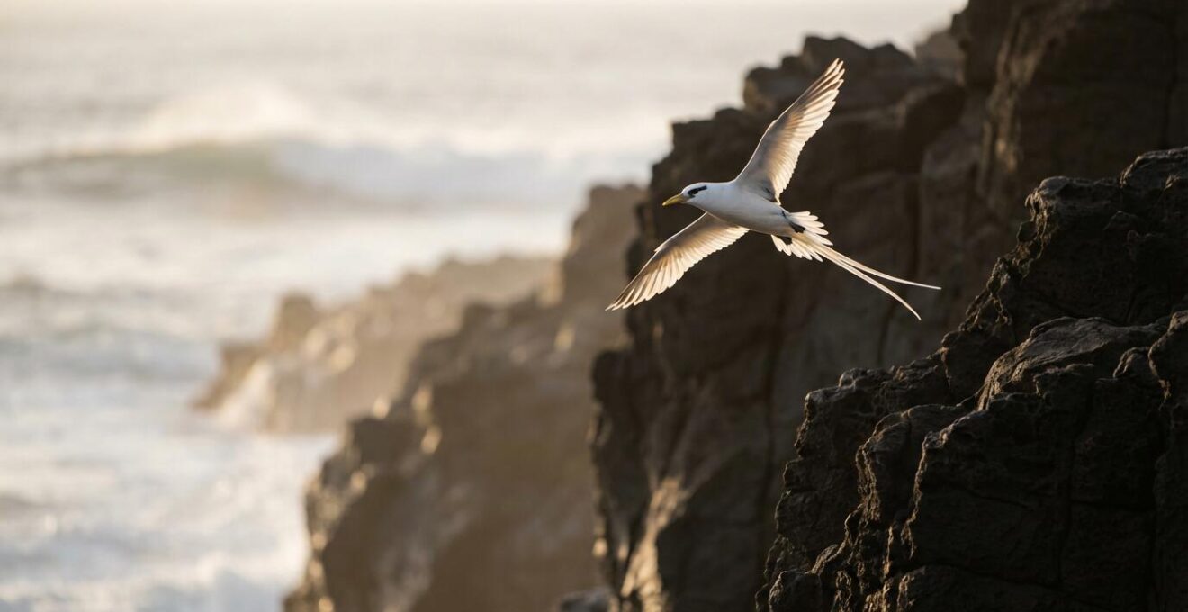 Paille-en-queue en vol majestueux le long des falaises basaltiques au lever du soleil