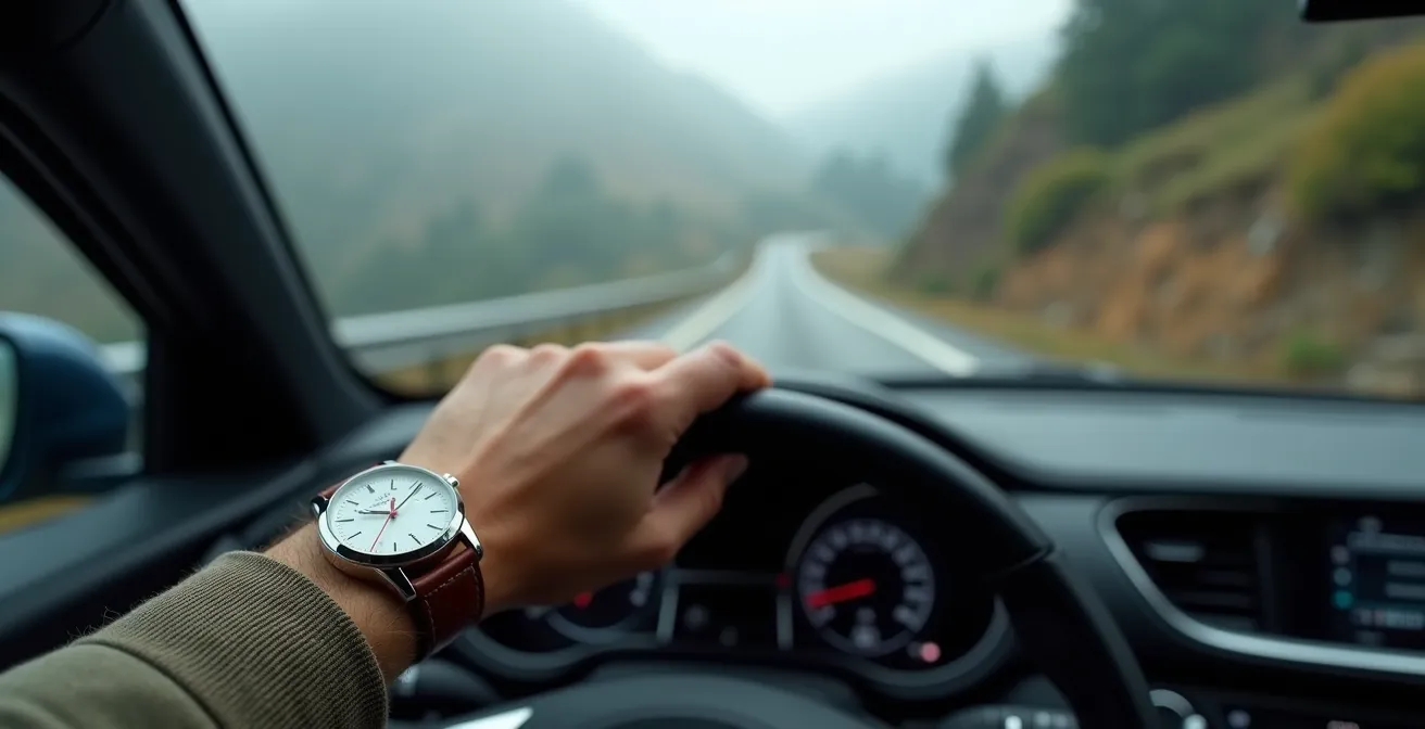 Conducteur consultant une montre dans sa voiture face à une route de montagne sinueuse avec brume matinale