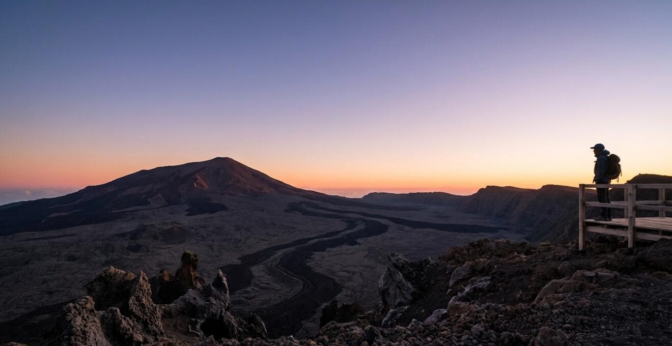 Vue dégagée du Piton de la Fournaise depuis le Pas de Bellecombe au lever du soleil