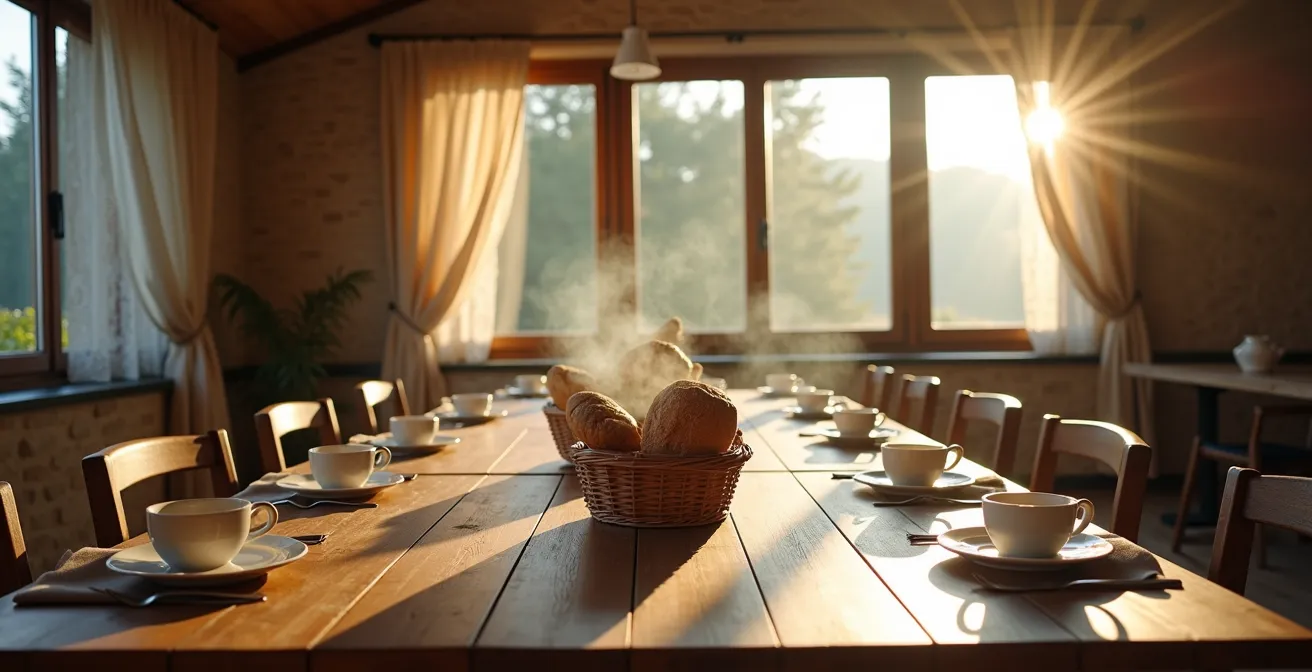Ambiance chaleureuse d'un petit-déjeuner partagé autour d'une grande table en bois