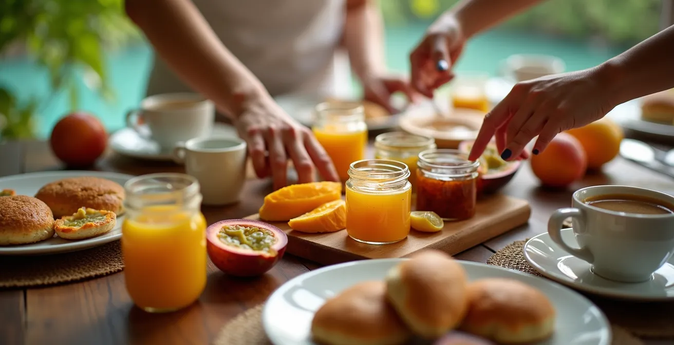 Table de petit-déjeuner créole avec produits locaux et convives en discussion