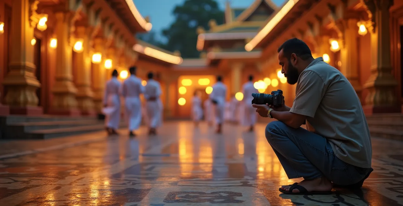 Photographe discret sur le côté d'une cérémonie religieuse, appareil sans flash, maintenant une distance respectueuse