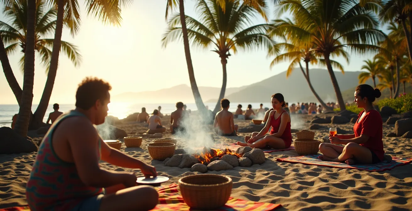 Scène de pique-nique dominical sur une plage de La Réunion avec familles et feux de bois