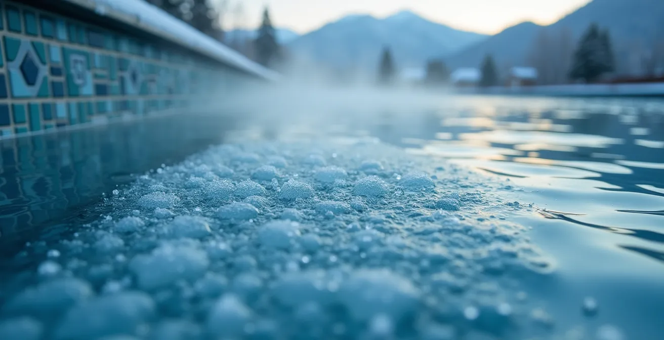 Piscine extérieure en altitude avec vapeur d'eau visible au-dessus de la surface illustrant l'effet du froid